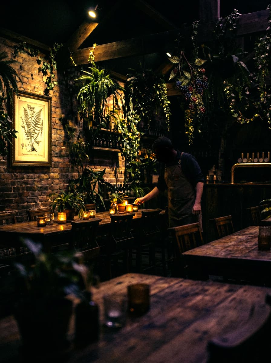 The candlelit taproom, plants climbing the brick walls, tables set for the evening