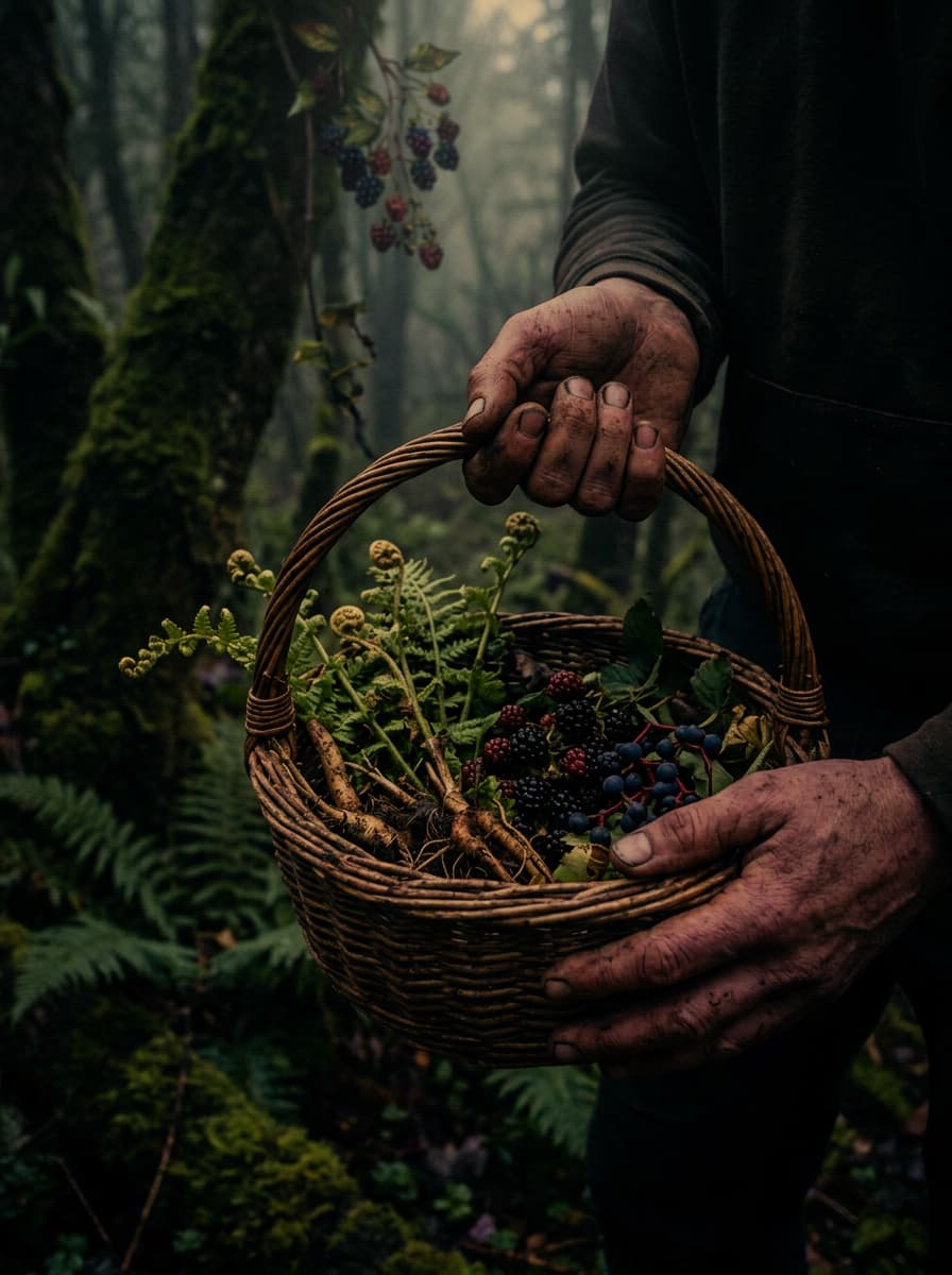 A forager's hands cradling wild botanicals gathered at the field edge