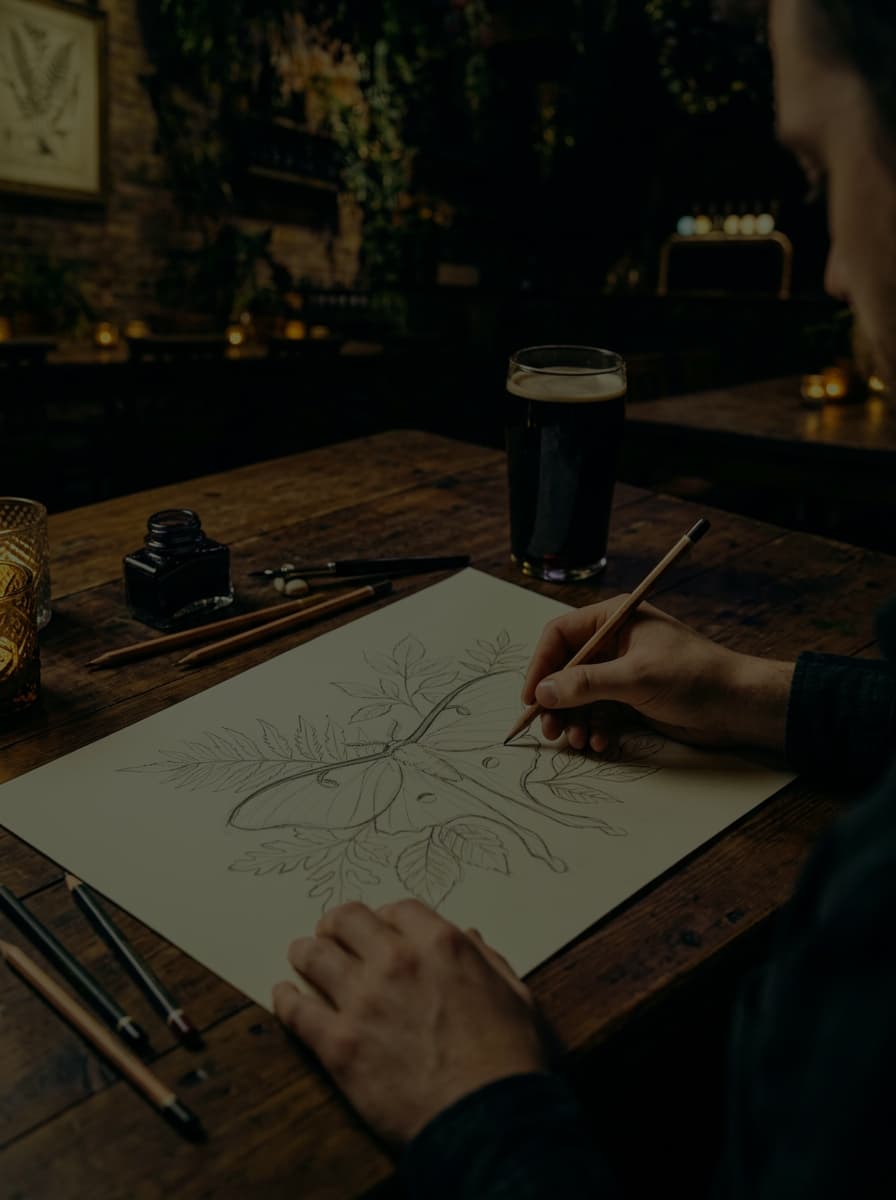 An illustrator drawing the botanical moth motif by hand at a candlelit table