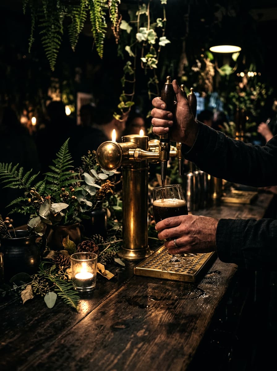 A dark ale being poured at the brass taps amid hanging ferns and candlelight