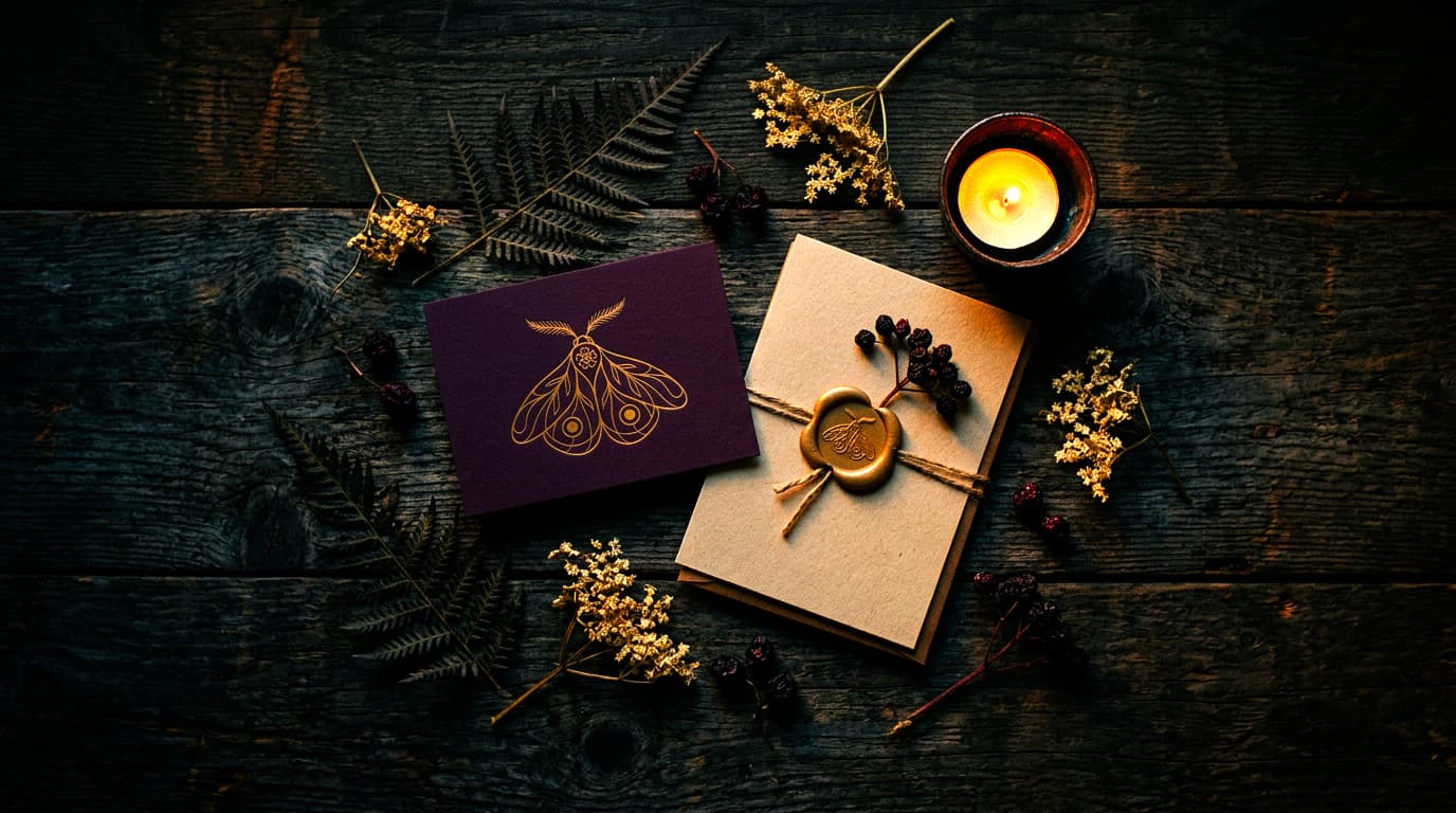 A candlelit flat-lay of the Bloom Society packet: a plum moth card, a wax-sealed envelope, ferns and dried botanicals on dark wood