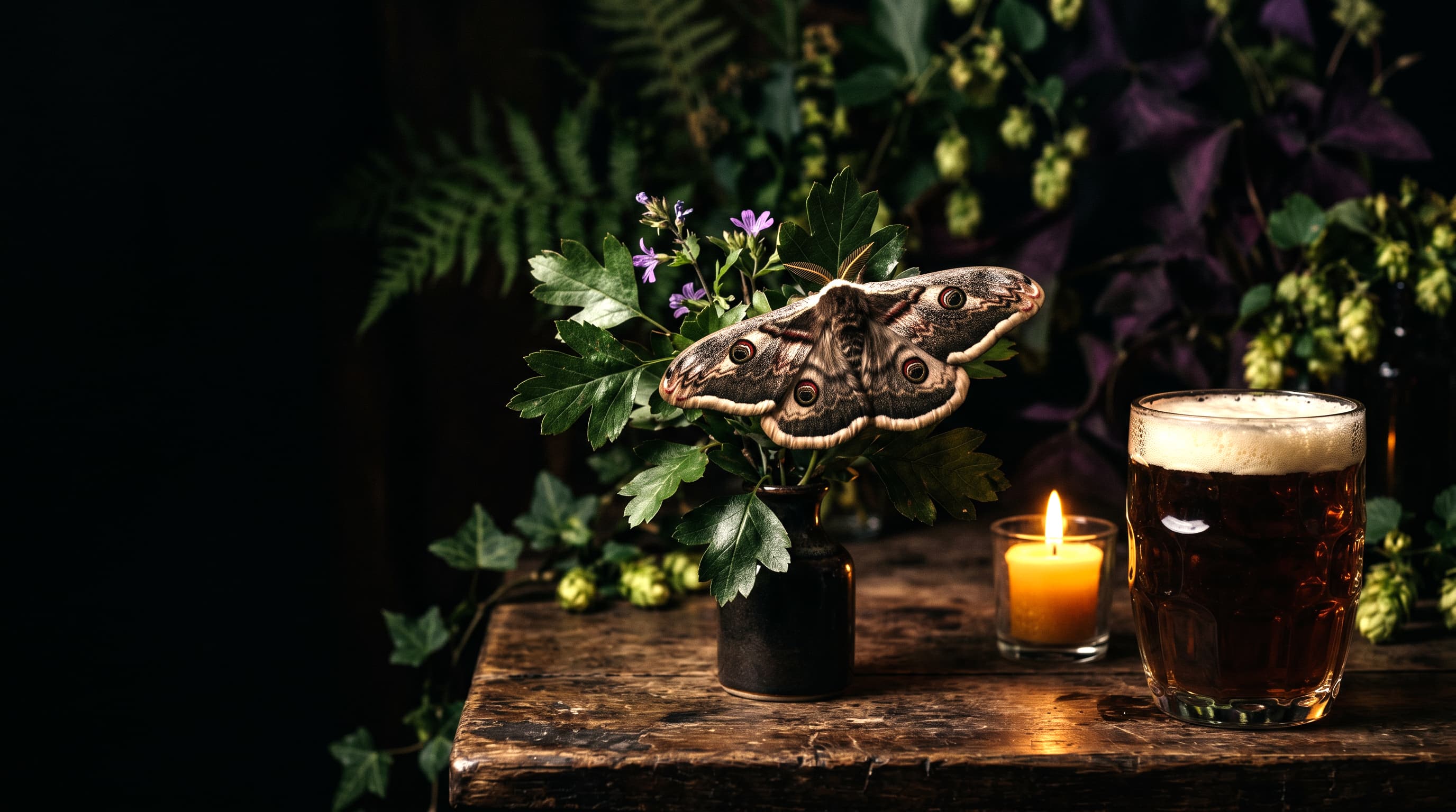 An emperor moth resting on wild botanicals beside a candlelit pint