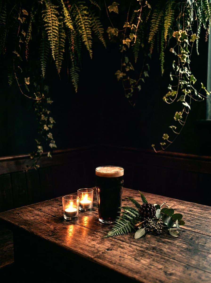 A pint and two candles on a worn wooden table beneath trailing ivy